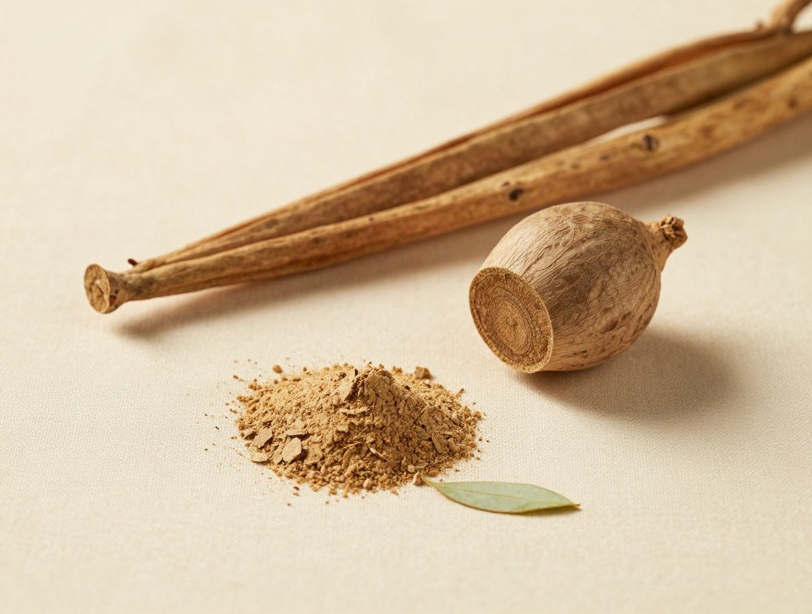 Raíz de ashwagandha (Withania somnifera) entera y en polvo fino de color beige terroso sobre tela de lino, con hojas verdes alrededor, luz natural cálida de estudio