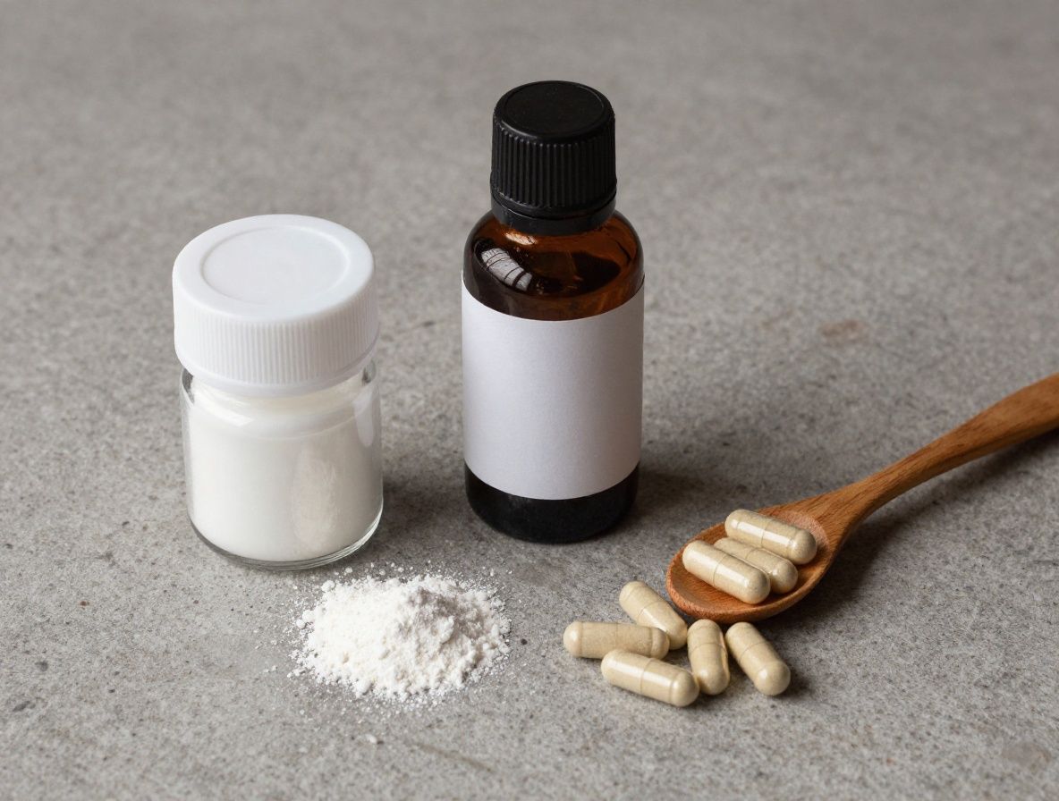 Diversas formas de presentación de ingredientes naturales: cápsulas de gel, polvo fino en cucharadita de madera, extracto líquido en frasco cuentagotas de vidrio oscuro, sobre superficie de piedra gris con iluminación dramática lateral