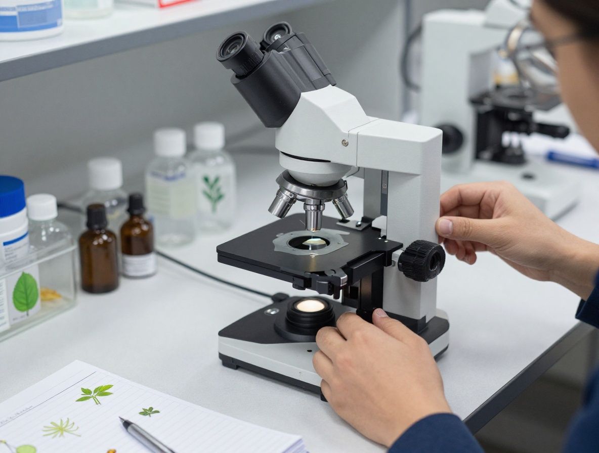 Microscopio de investigación científica de alta precisión con preparaciones de muestras vegetales en portaobjetos, sobre mesa de laboratorio con cuaderno de notas y pluma, iluminación enfocada de estudio