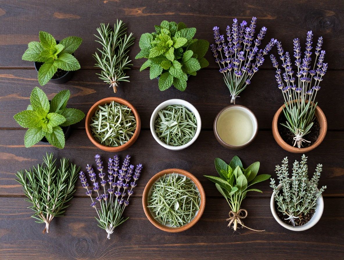 Vista aérea de una variedad de hierbas medicinales frescas como romero, lavanda, menta y hojas de albahaca organizadas sobre una superficie de madera oscura, con texturas naturales y luz cálida lateral