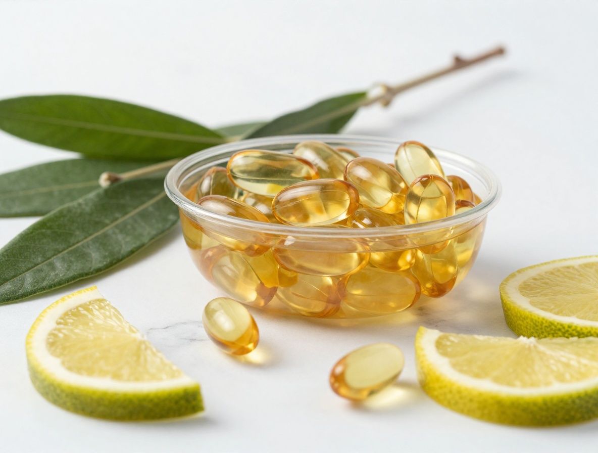 Aceite de pescado en cápsulas de gel translúcidas de color ámbar dispuestas sobre hojas de salvia frescas y rodajas de limón sobre fondo de mármol blanco, con luz difusa de estudio