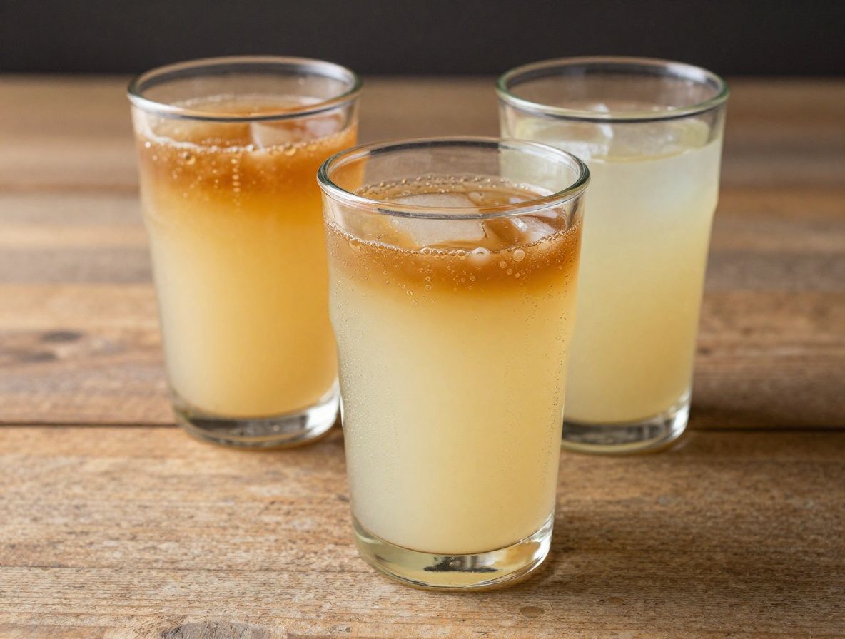 Frascos de vidrio con kombucha y kéfir fermentados de colores ámbar y blanco cremoso sobre mesa de madera con tela de algodón blanca, burbujas visibles en el líquido, luz natural cálida