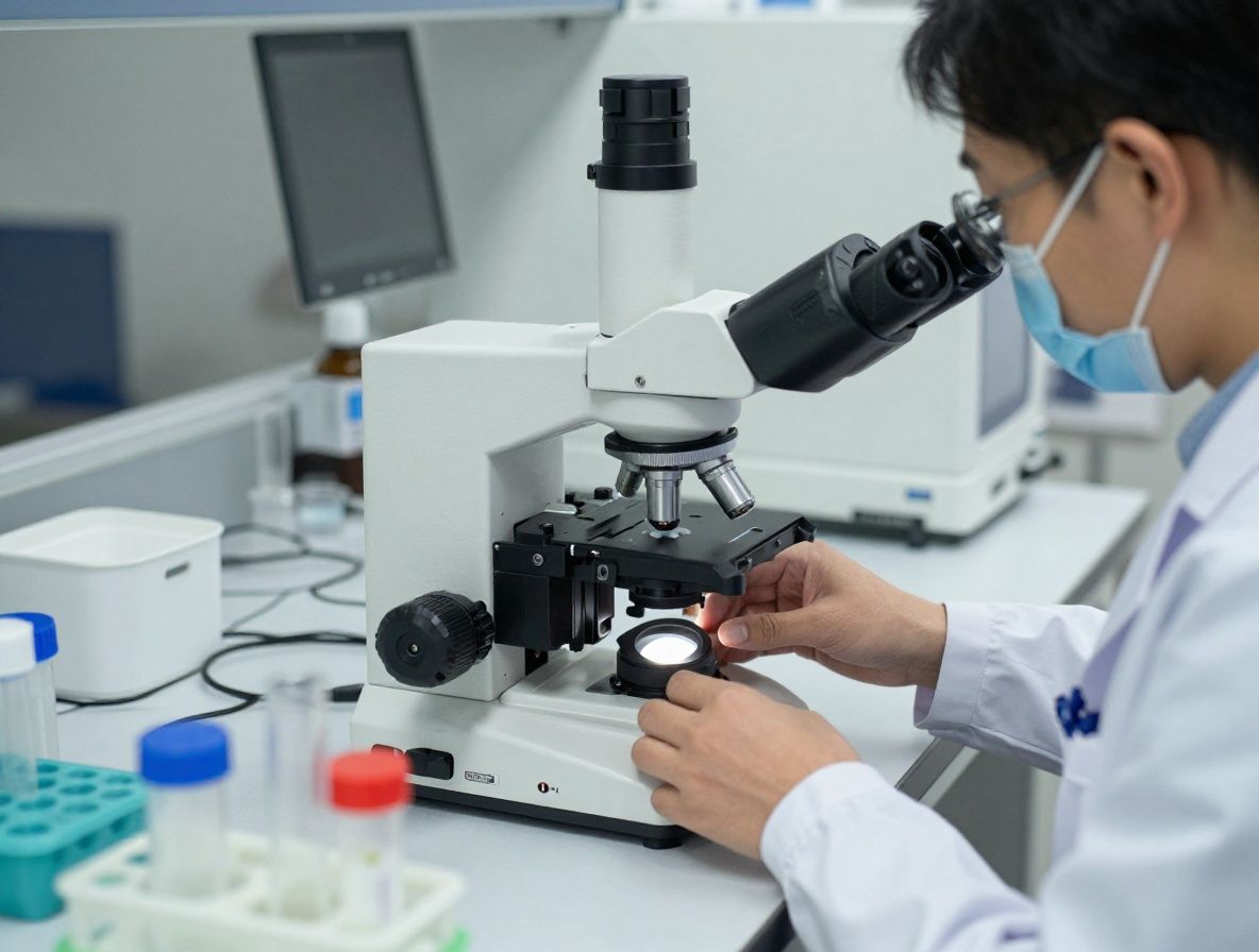 Técnico de laboratorio trabajando con microscopio de alta resolución en sala blanca aséptica, con tubos de ensayo y equipo analítico visible en segundo plano, iluminación fluorescente limpia