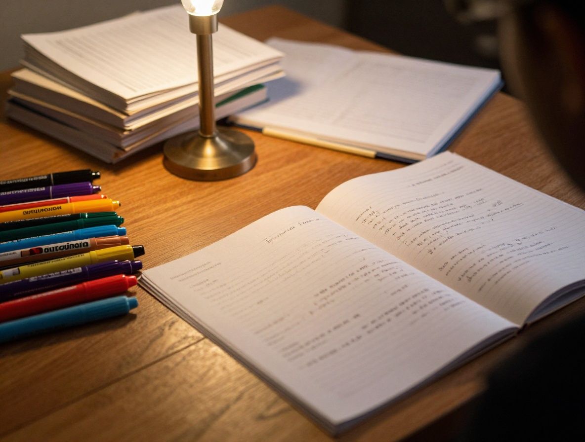 Pila de libros de bioquímica y nutrición con marcadores de colores, apuntes a lápiz en los márgenes, sobre una mesa de estudio de madera con luz de lámpara cálida en ambiente académico nocturno