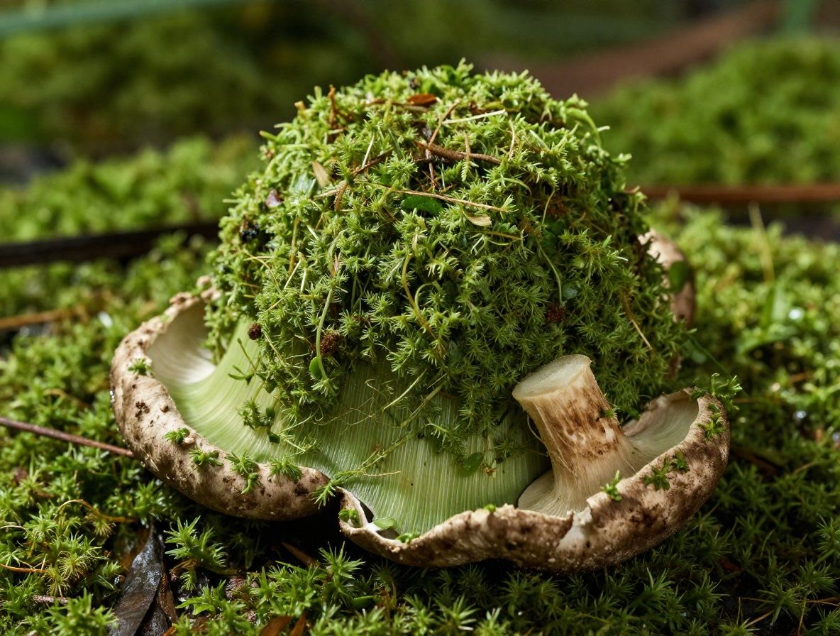 Hongos shiitake frescos con el sombrero abierto que muestran las laminillas, colocados sobre musgo verde en un ambiente de bosque con luz solar directa filtrándose entre los árboles